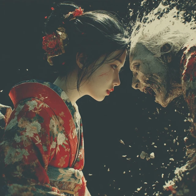 Anime Art Japanese Woman vs Zombie Ghost 4K Sumi e
