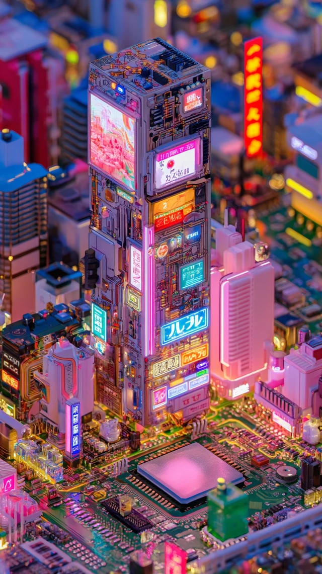 Cyberpunk Cityscape Microchip Illustration
