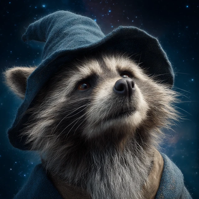 Wizard Raccoon Portrait with Cosmic Background