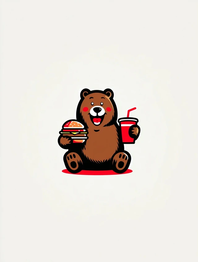 Cute Cartoon Bear with Hamburger and Drink