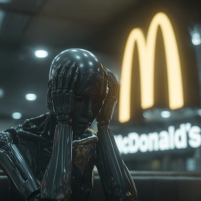 Disappointed AI Robot in McDonald&#039;&#039;s Cyberpunk Scene