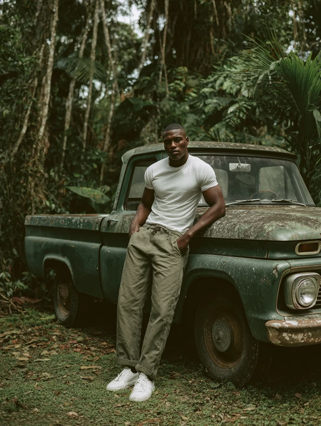 Black Male Model in Cuban Jungle Vintage Truck