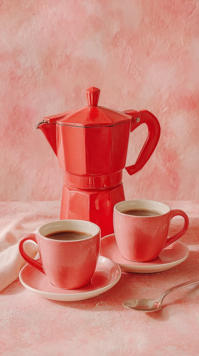 Red Moka Pot with Coffee Cups Photography