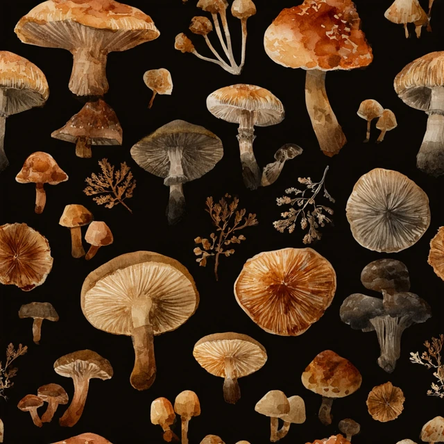 Watercolor Mushroom Seamless Pattern Black Background