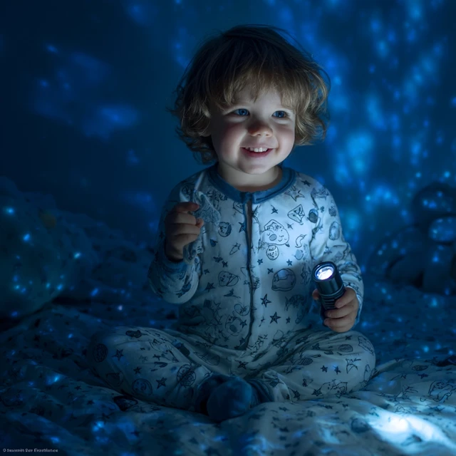 Boy with Flashlight in Starry Room