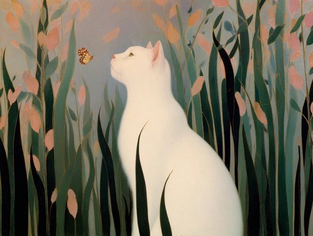 White Cat Chasing Butterfly Art