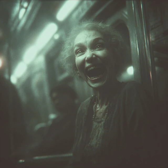 Deranged Zombie Lady on Subway Realistic Photo