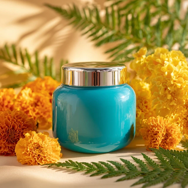 Turquoise Body Butter Jar with Flowers and Ferns