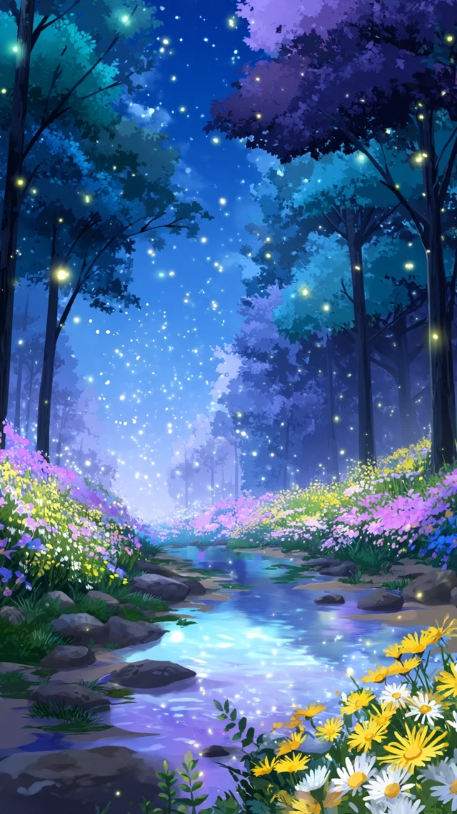 Anime Forest Stream Flowers Blue Sky Illustration