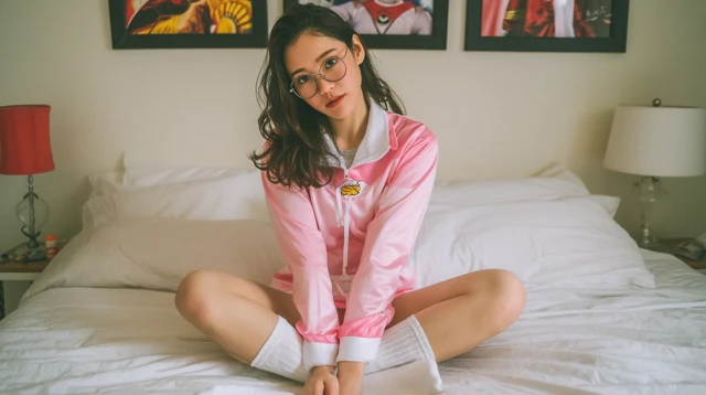 Asian Girl in Pink Ranger Suit on Bed