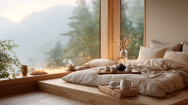 Cozy Bedroom with Rain Views Zen Ambiance