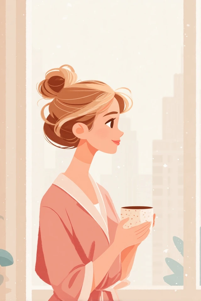 Blonde Woman Drinking Coffee in Apartment Illustration