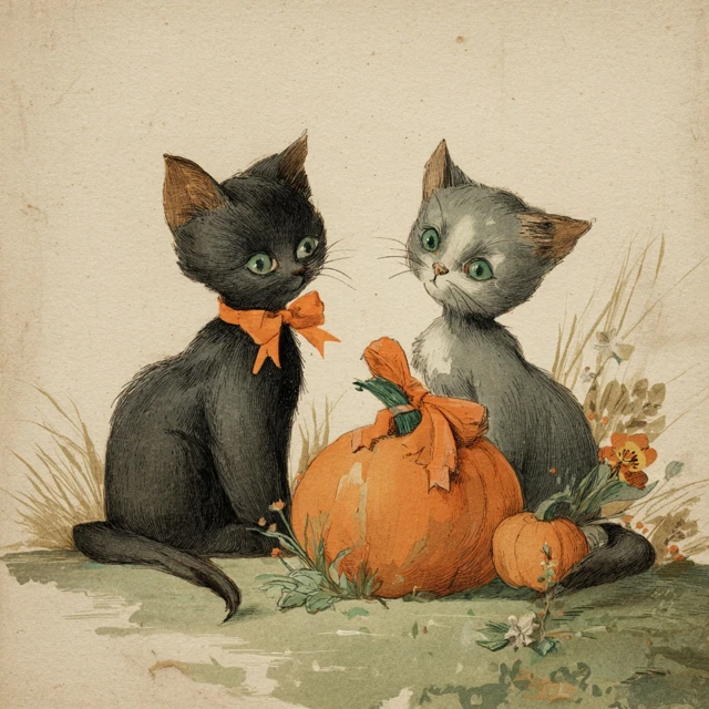Vintage Halloween Greeting Card Cats and Pumpkin