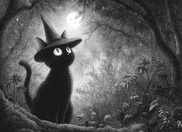 Black Cat Witch in Enchanted Forest Ghibli Style