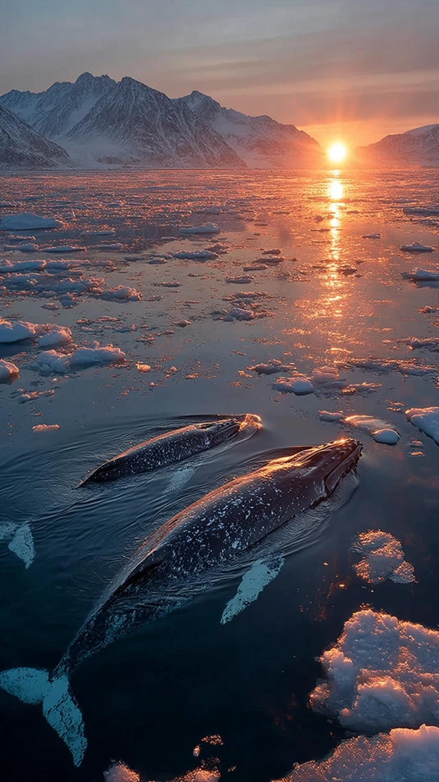 Orcas in Antarctic Waters at Sunrise