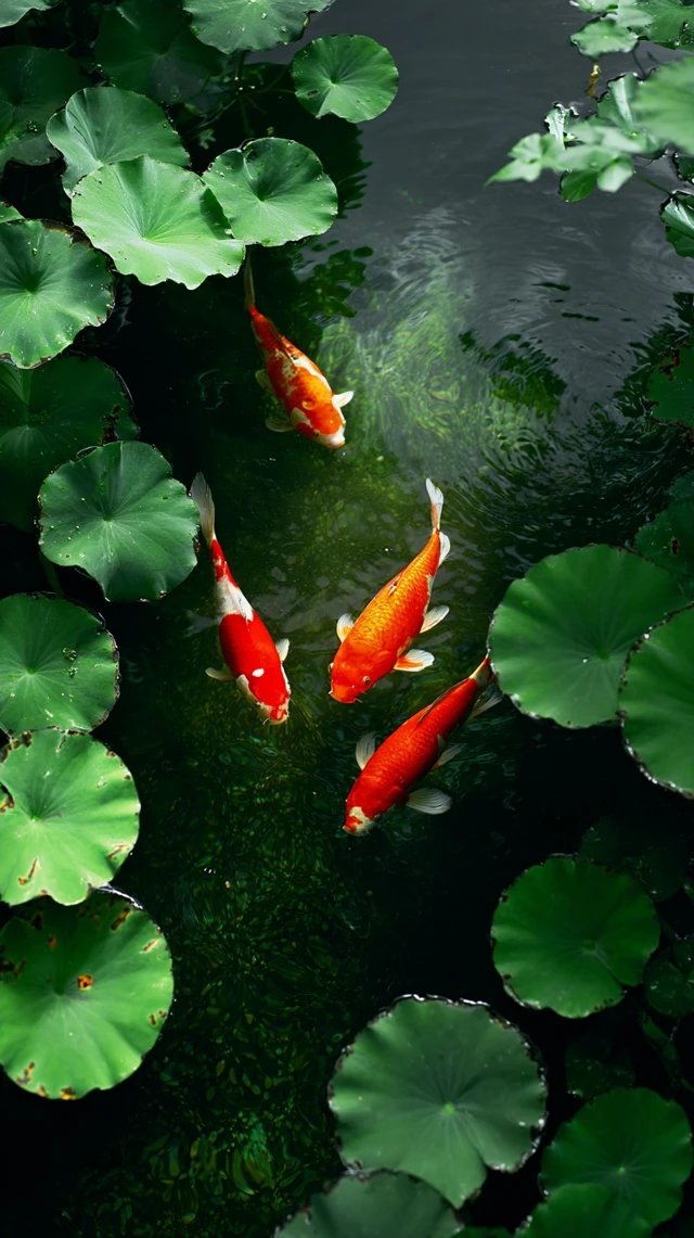 Koi Fish and Lotus Leaves in Tranquil Waters