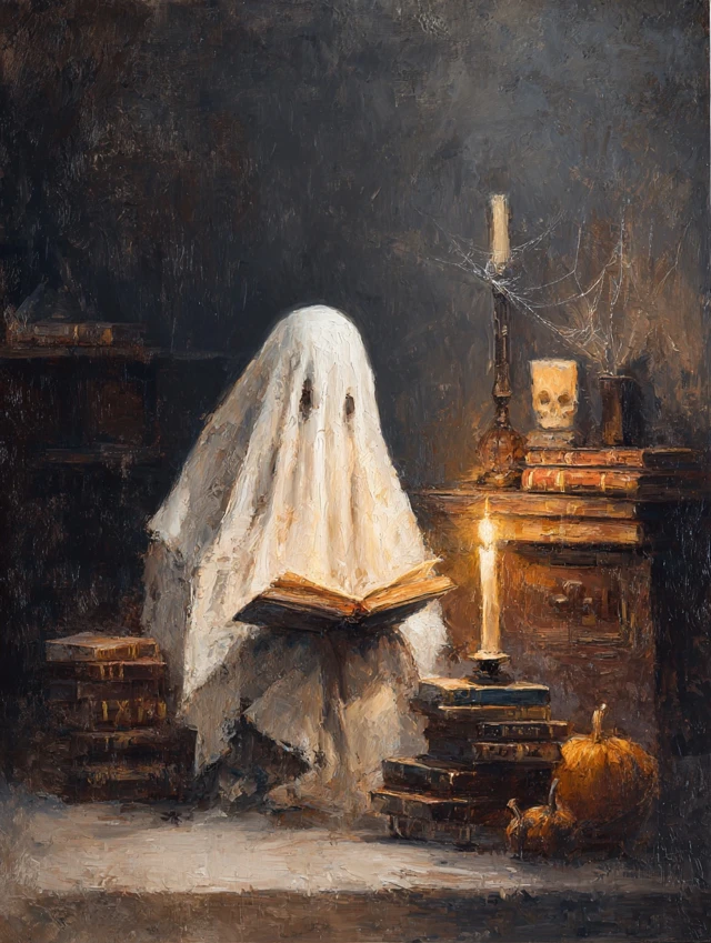 Halloween Ghost Reading Oil Painting