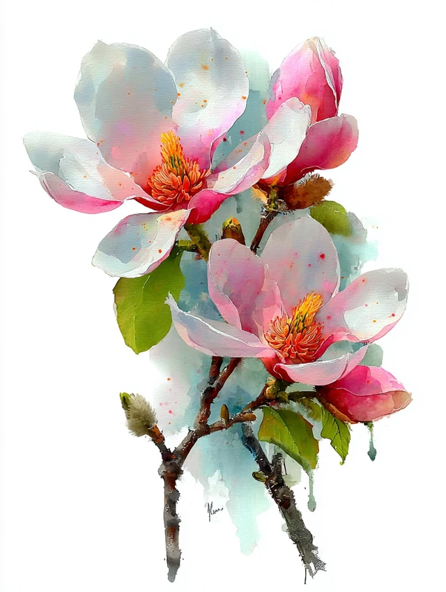Watercolor Magnolia Flower Art