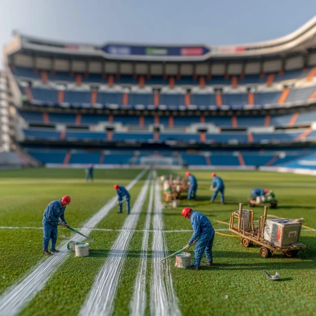 Miniature Workers Painting Field Lines at Stadium