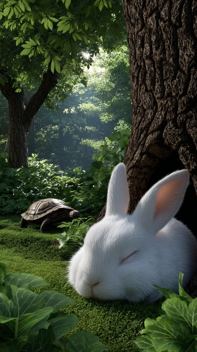 White Rabbit Sleeping Under Tree in Forest