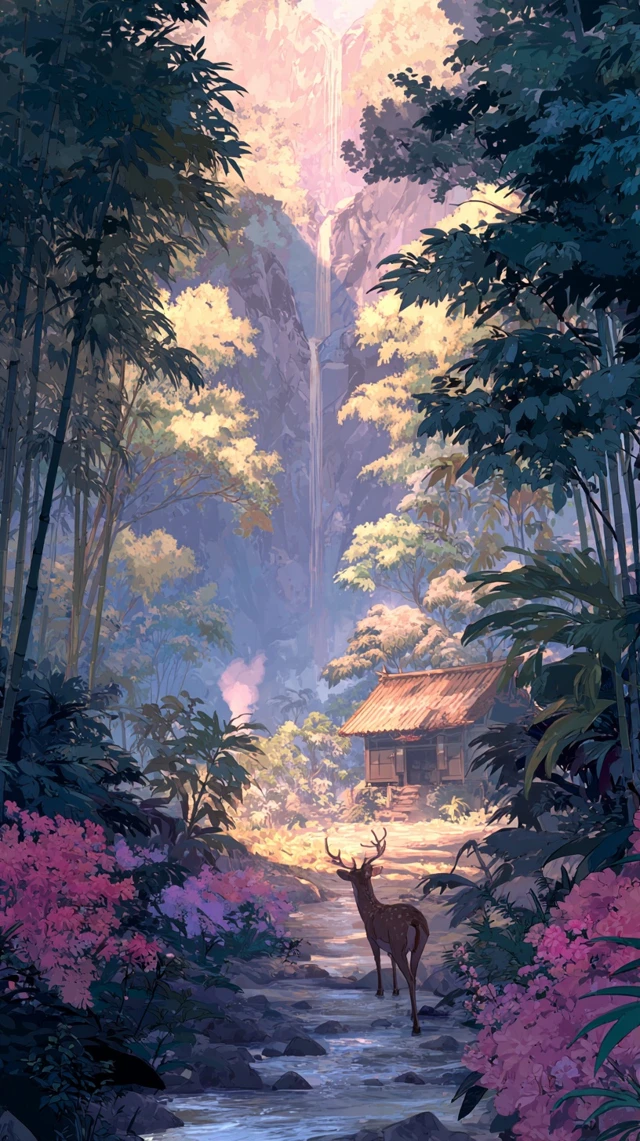 Anime Forest Deer Scene Waterfall Serene
