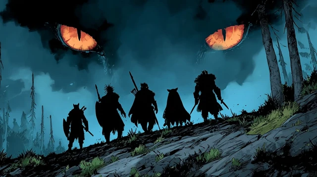 DND Dark Fantasy Illustration with Heroes and a Monster