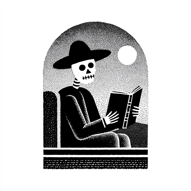 Skeleton Cowboy Reading on Train Linocut Art