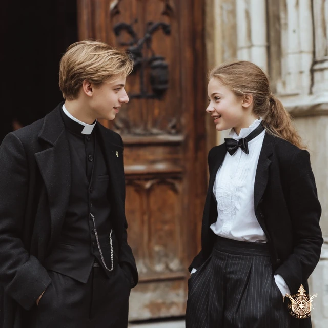 Priest and Student Conversation in Front of a Church
