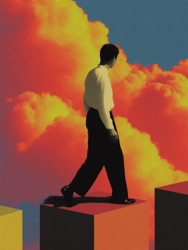 Man Walking Between Cubes Surreal 90s Aesthetic