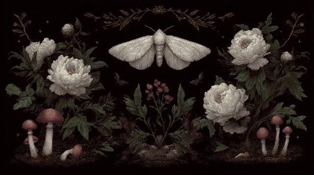 Moth and Flowers Fantasy Illustration Minimalist Style