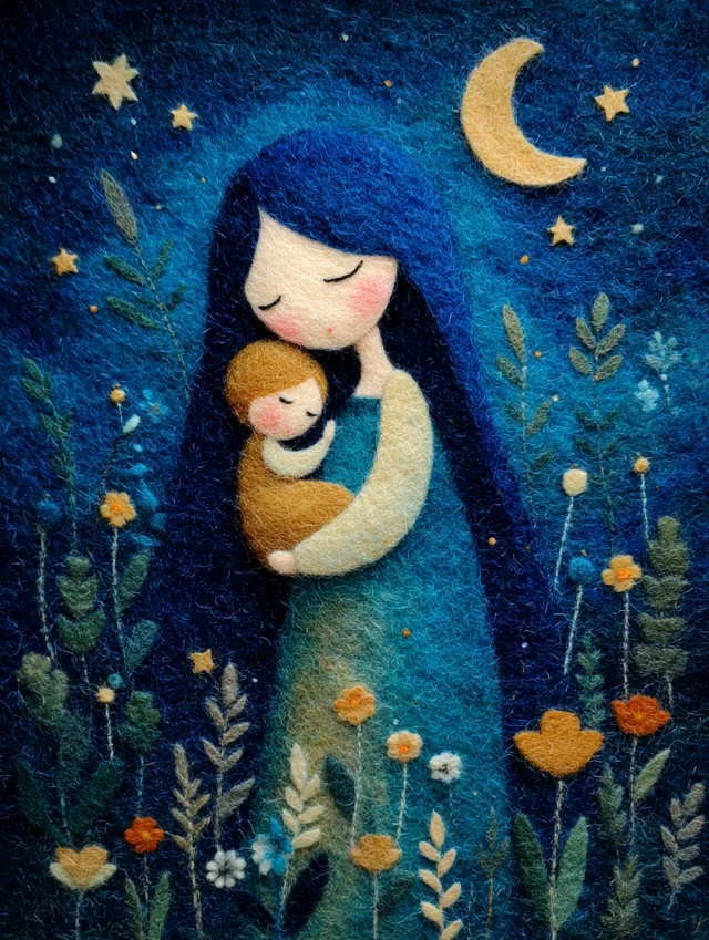 Angelic Mother and Child Wool Felt Art in Pastel Dream