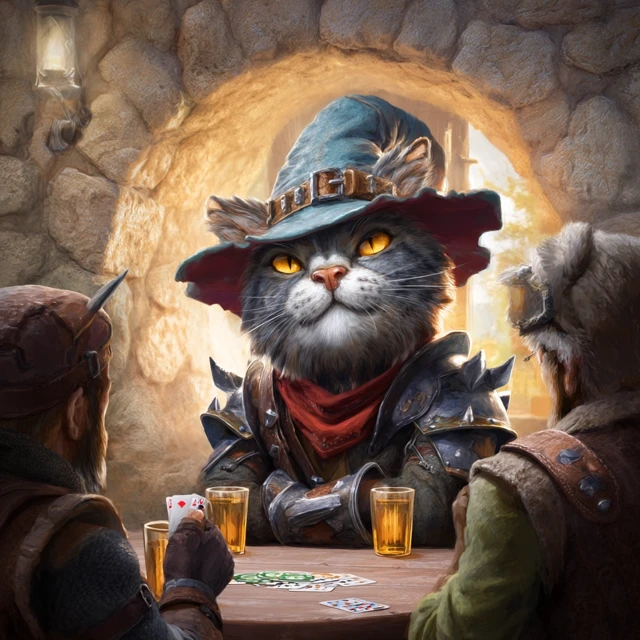 Fantasy Cat Wizard Playing Poker DND Scene
