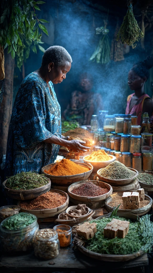 Cameroonian Market Scene Spices and Women