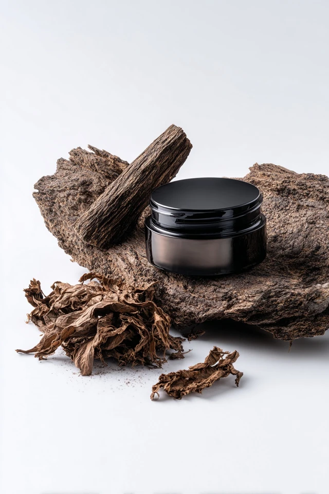 Cosmetic Jar Product Photography with Bark and Leaves