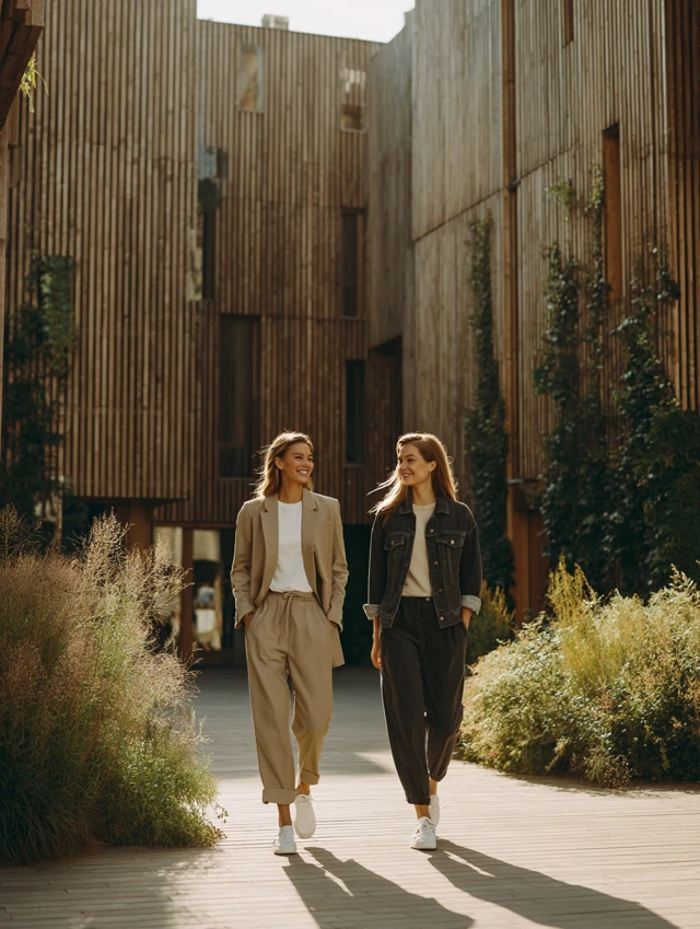 Stylish Women Walking in Courtyard Lifestyle Photo