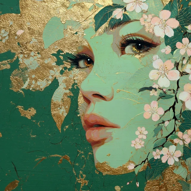Geisha Painting with Sakura Flowers and Gold