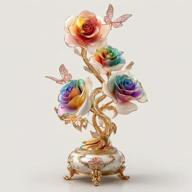 3D Rainbow Rose Sculpture on Pedestal
