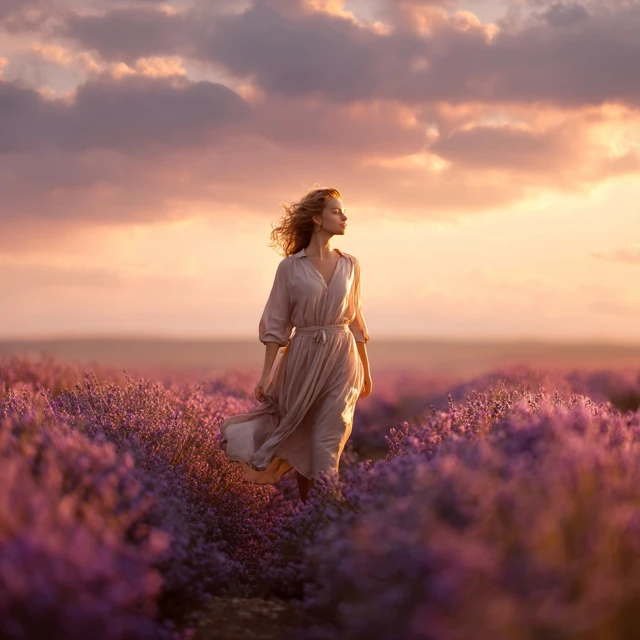 Woman in Lavender Field at Sunrise Photography