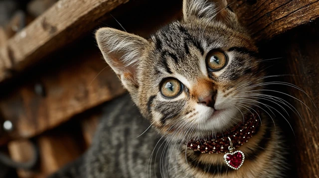 Cute Kitten with Ruby Heart Collar