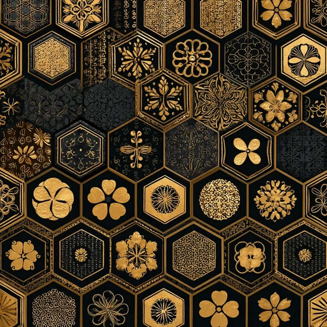Japanese Kamon Seamless Pattern Gold on Black