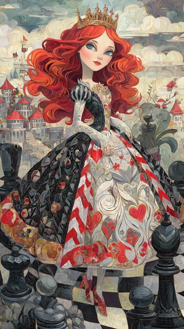 Queen of Hearts on Chessboard Art by Michael Cheval