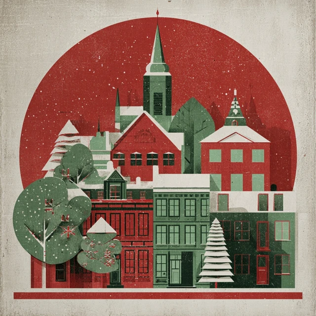 Retro Christmas Town Illustration in Red and Green