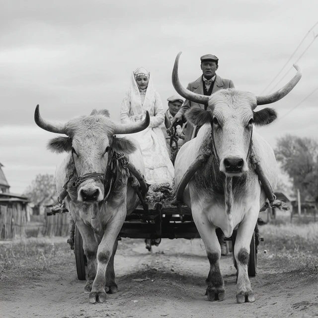 Kazakh Wedding Retro Ox Cart Bride Groom