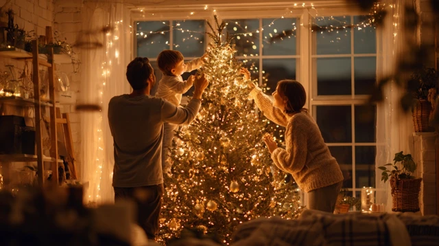 Family Decorating Christmas Tree Cozy Home