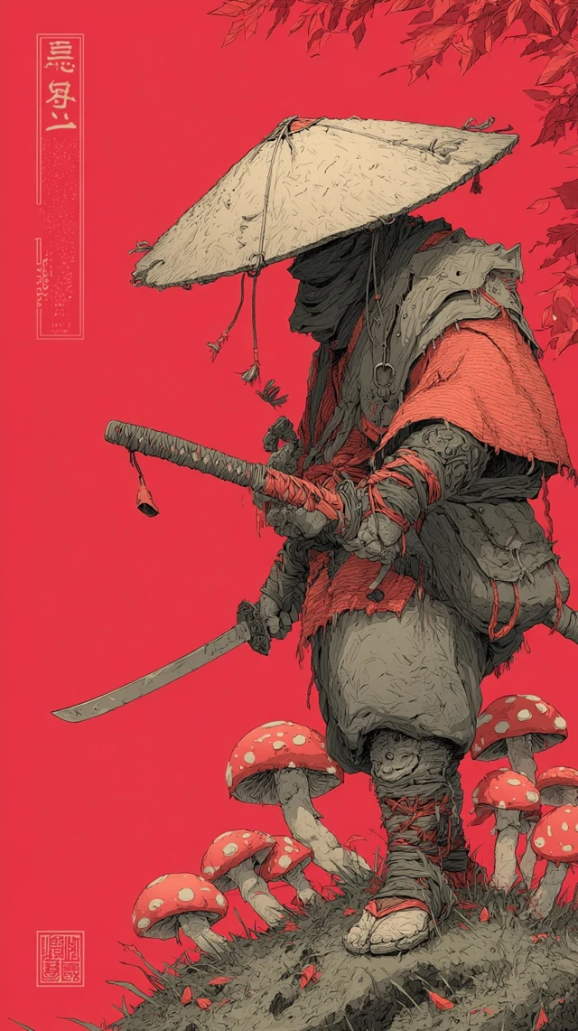 Mushroom Samurai Warrior in Japanese Dark Anime Style