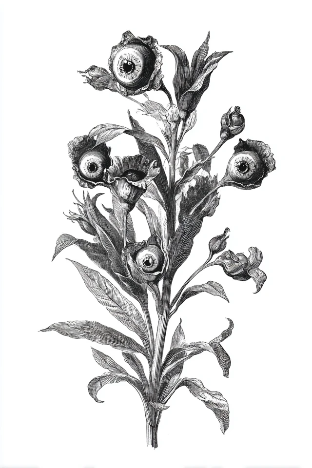 Eyeball Plant Botanical Etching Vintage Surrealism