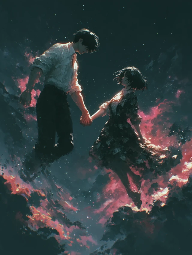 Couple in Space Holding Hands Minimalist Art