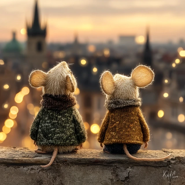 Cozy Mice Watching Sunset Storybook Illustration