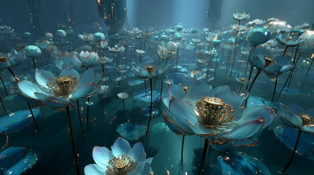 Cyberpunk Lotus Flowers Teal Blue World