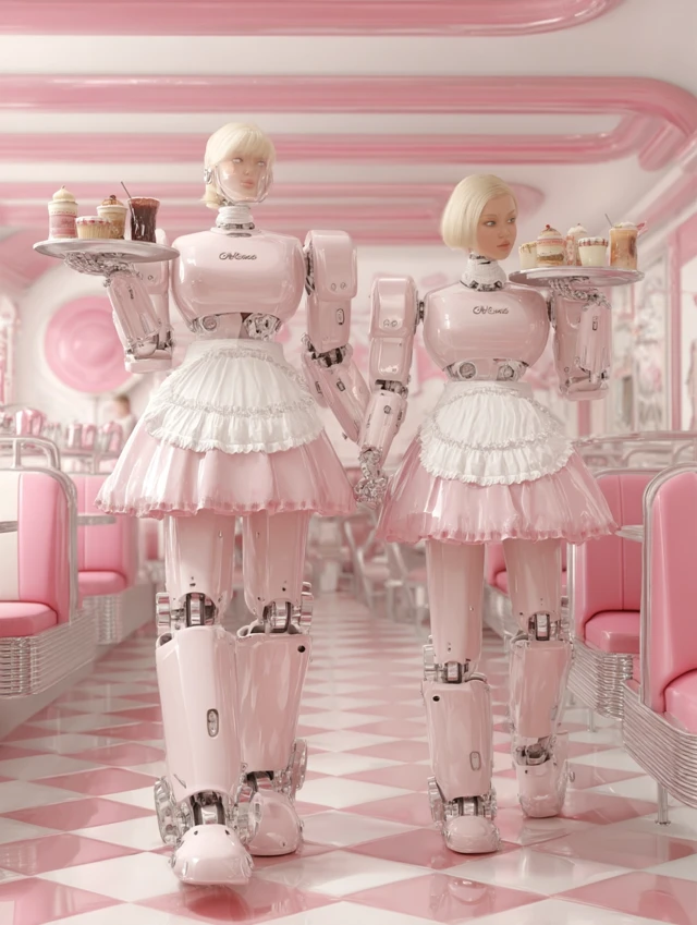 Retro Futuristic Diner Robots Pink Dream